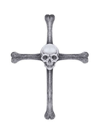 Skull crossbone tattoo. Hand drawing on paper.の写真素材