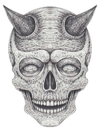 Art surreal devil skull tattoo.Hand drawing on paper.の写真素材