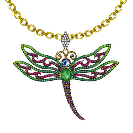 Jewelry design art vintage mix dragonfly gem silver and gold necklace. Hand drawing and painting on paper.の写真素材