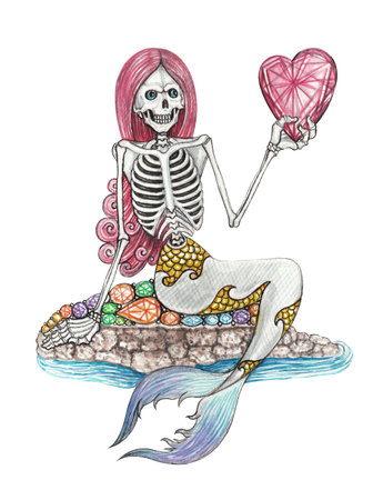 Mermaid skull fantasy art design by hand drawing and painting on paper.の写真素材