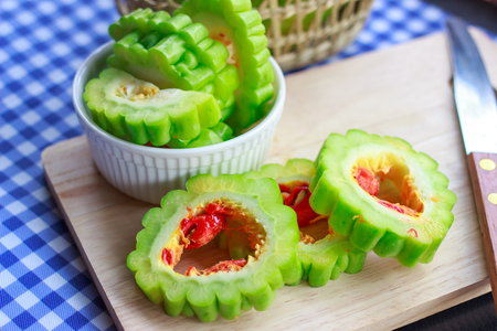 Close up organic fresh green bitter gourdの写真素材