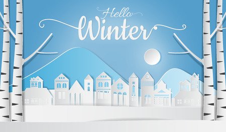 Landscape of village in winter snow forest, Hello Winter. Paper art styleのイラスト素材