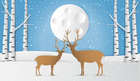 Paper art of deer in landscape winter snow forest, Vector illustrationのイラスト素材