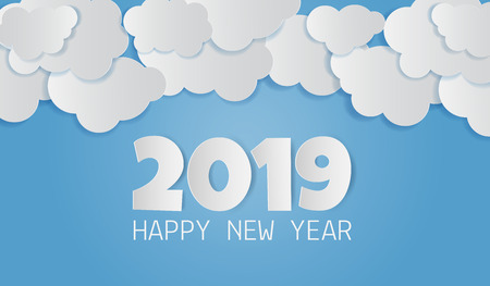 Paper art of 2019 happy new year text with cloud on blue sky. Vector illustrationのイラスト素材