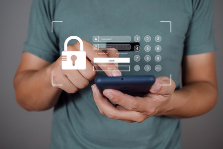 Man hand press smartphone with scan the protection system cyber security. Scanning allows access input username and password for or technology security system and prevent hacker concept.の写真素材