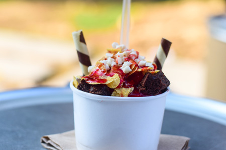 Ice-cream with white chocolates, confects and brownies