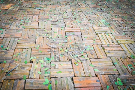 dried leaves on old clay brick floorの写真素材