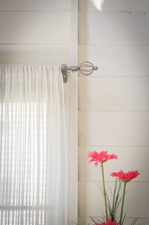pink flower on front of windowの写真素材