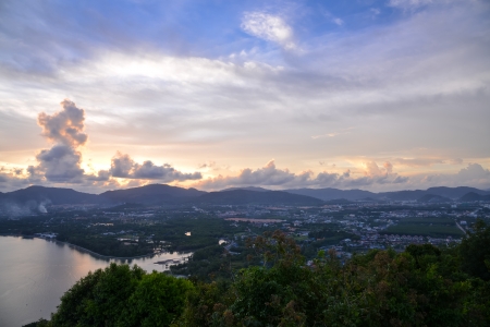 viewpoint on hill see to phuket town in twilight time, phuket Thailandの写真素材