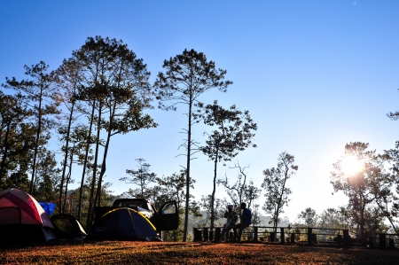 sun beam over camping base in national park ,Thailand のeditorial素材