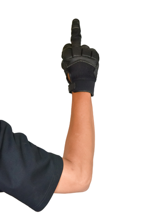 Motorcycle glove and hand signal, dispraise sign by finger hand isolated on white backgroundの写真素材