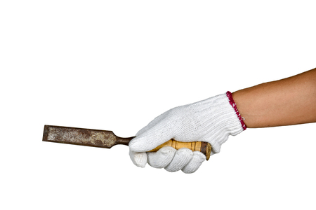 a hand with protection glove holding chisel with wooden handle on white background