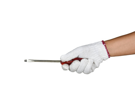 a hand with protection glove holding red screw diver on white backgroundの写真素材
