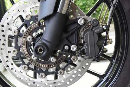close up of Motorcycle disk brake with ABS systemの写真素材