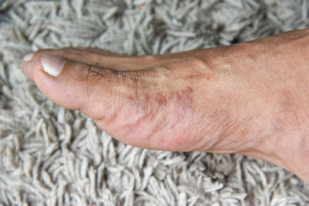 Foot allergies with red pimples on skinの写真素材