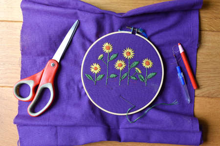 close up of embroidery sewing handcraft of sunflower pattern handcraft of sunflower pattern