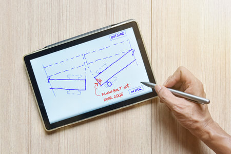 a tablet showing hand sketch of architectural drawing design detail with digital pens on wood table,...