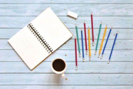 Still life, business office supplies education concept, Top view image of open notebook with coffee...