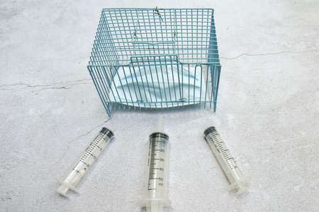 a syringe around protection mask in blue steel cage on cement floor, a concept of vaccination coming hope for covid 19 no need a mask anymoreの写真素材