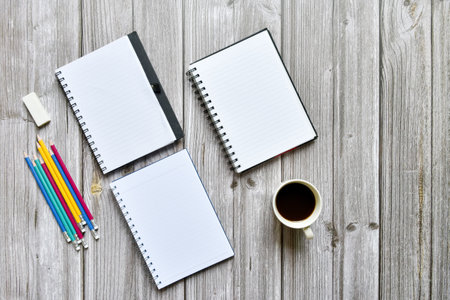 Still life, business office supplies education concept, Top view image of 3 open notebooks with...