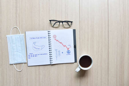 The memo of covid 19 passed years diary on wooden floor with mask eyeglasses and coffee cup, diary...