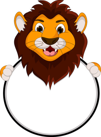 cute lion cartoon holding blank signのイラスト素材