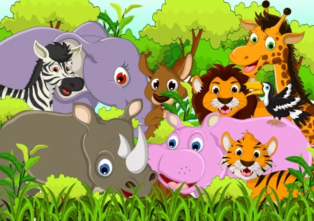 cute animal cartoon with tropical forest backgroundのイラスト素材