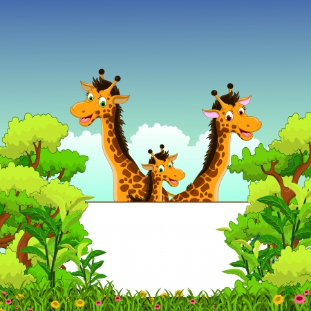 family of giraffe cartoon with  blank sign and forest backgroundのイラスト素材