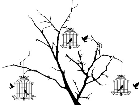 tree silhouette with birds flying and bird in a cageのイラスト素材