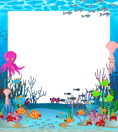 illustration of Sea life cartoon background with blank signのイラスト素材