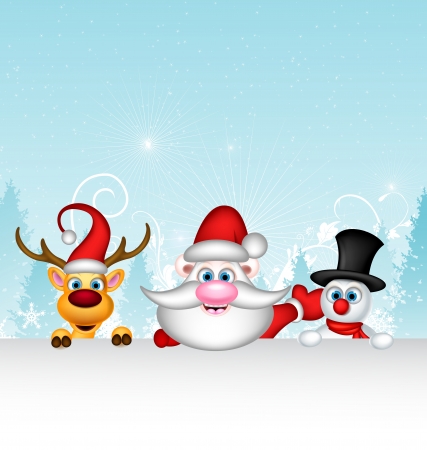 santa claus reindeer and snowman with blank signのイラスト素材