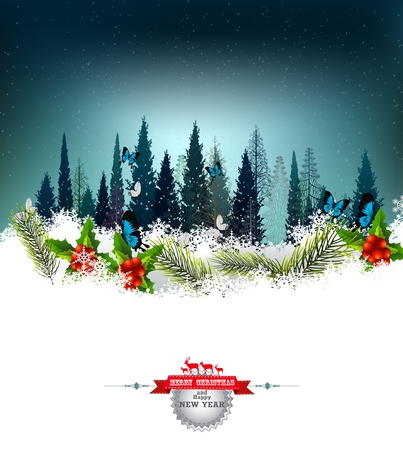 illustration of Christmas background with pine forest and butterfly backgroundのイラスト素材