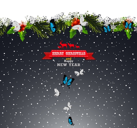 illustration of Christmas and happy new year background with pine leaf and butterfly backgroundのイラスト素材