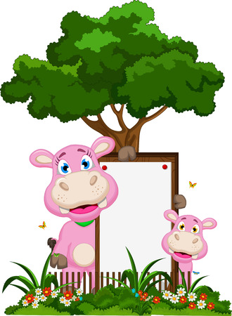 Cute hippo cartoon with blank sign in gardenのイラスト素材