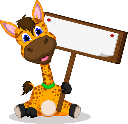 cute giraffe cartoon holding blank signのイラスト素材