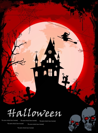 Halloween night, black castle on the moon backgroundのイラスト素材