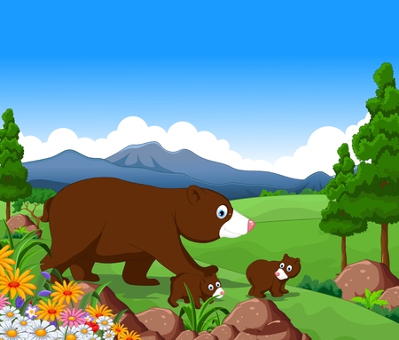 Brown bear cartoon in the jungleのイラスト素材