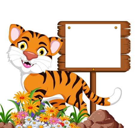 Cute tiger cartoon posing with blank signのイラスト素材