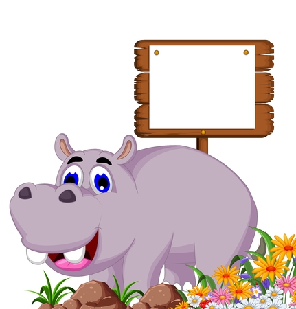 hippo cartoon with blank boardのイラスト素材