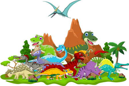 Dinosaur cartoon with landscape backgroundのイラスト素材