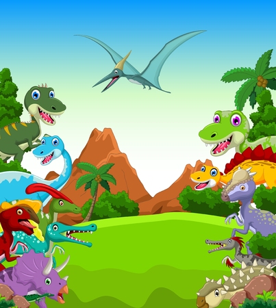Dinosaur cartoon with landscape backgroundのイラスト素材