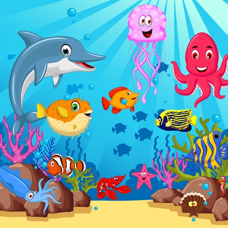 funny sea animals cartoon setのイラスト素材