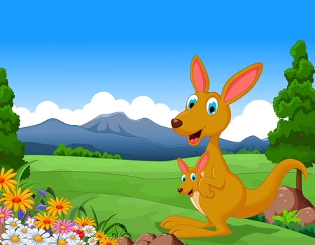 Cartoon kangaroo carrying a cute Joey with landscape backgroundのイラスト素材