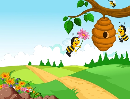 Bees cartoon holding flower and a beehive with forest backgroundのイラスト素材