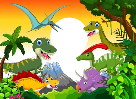 Dinosaur cartoon with landscape background for your designのイラスト素材