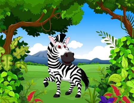 funny zebra cartoon with forest landscape backgroundのイラスト素材