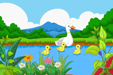 funny duck swim on the riverのイラスト素材
