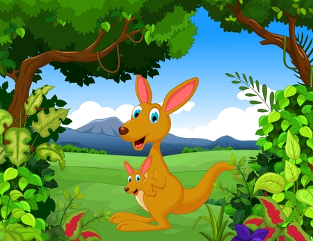 funny kangaroo cartoon with forest landscape backgroundのイラスト素材