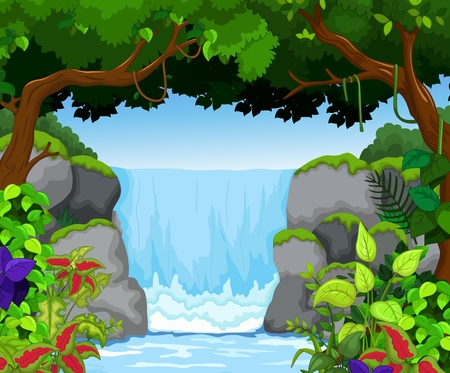 beautiful waterfall with rifer landscape backgroundのイラスト素材