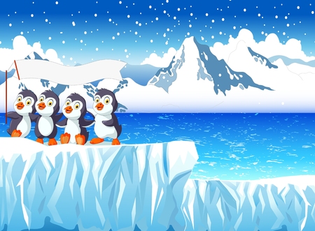 funny penguins with snow mountain landscape bakgroundのイラスト素材